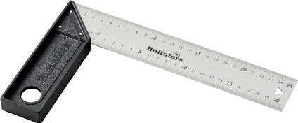 Vinkelhake med svart handtag och metallblad, märkt med skalan 0-25 cm och varumärket "Hultafors".