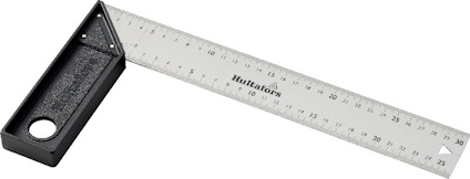 Vinkelhake med svart handtag och rostfri stålskiva med tydliga måttmarkeringar i centimeter och millimeter.