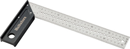 Svart och silverfärgad vinkelhake med gradering upp till 30 centimeter.