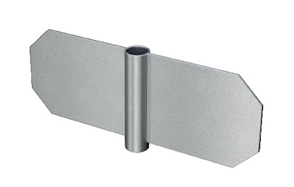 Metallskiva med central cylinder och två åttkantiga sidopaneler, grå färg.