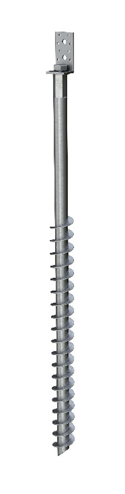 Metallisk markskruv med spiralformad gänga och platta med hål upptill.