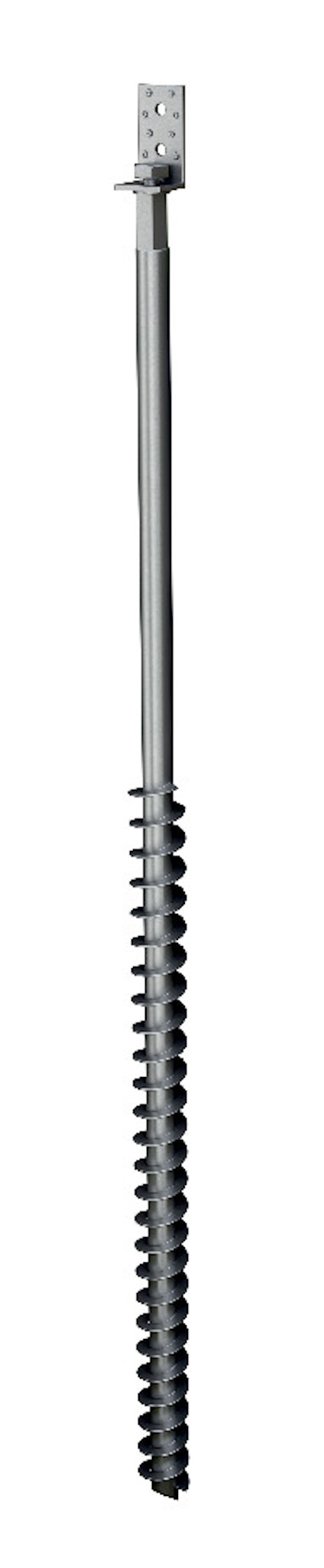 En lång, metallisk markskruv med en spiralliknande gänga och fyrkantigt fäste på toppen.