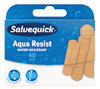 Förpackning Salvequick Aqua Resist, 40 vattenresistenta plåster av olika former och storlekar.