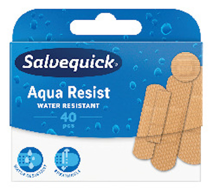 Förpackning Salvequick Aqua Resist, 40 vattenresistenta plåster av olika former och storlekar.