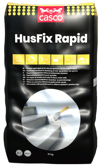 Förpackning av Casco HusFix Rapid 10 kg med text och bild på spackelverktyg och trappa.