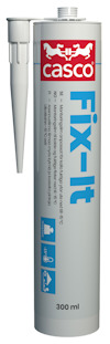 Tub med monteringlim av märket Casco Fix-It, 300 ml. Include a vit applikatorspets.