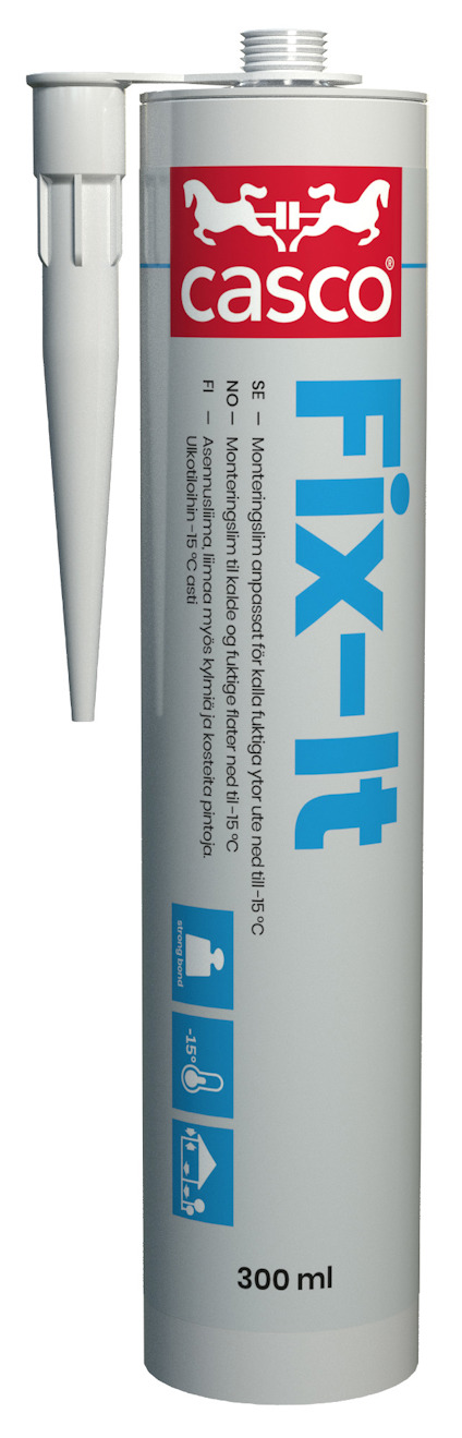 Tub med monteringlim av märket Casco Fix-It, 300 ml. Include a vit applikatorspets.