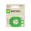 Förpackning med fyra GP ReCyko AA-batterier, 2600 mAh. Text: "Recharge to save 4800 batteries".