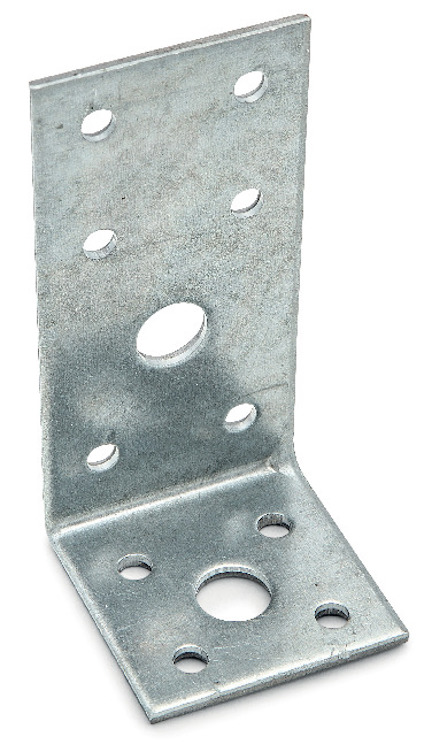 Vinkelbeslag med flera runda hål för montering, tillverkat i metall med en grå yta.