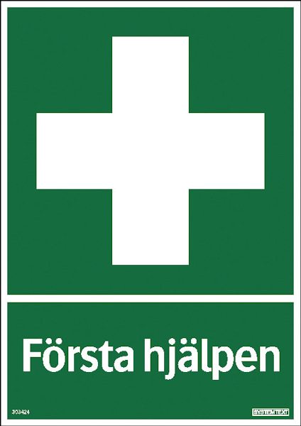Grön skylt med vit sjukvårdssymbol och texten "Första hjälpen" i vitt.