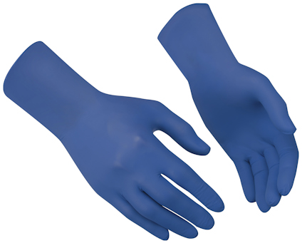 Två blå engångshandskar i latex, en höger- och en vänsterhandske, med slät yta.