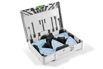 Öppen Systainer3-låda med blå trekantiga slippapper och svarta stöd.