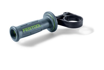Cylindriskt grått handtag med texten "FESTOOL" i grönt och en cirkulär klämma i svart plast.