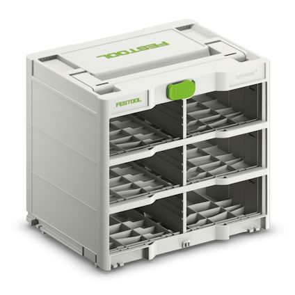 Vit och grå Systainer3-förvaringsenhet med sex utdragbara hyllor och grön detalj.