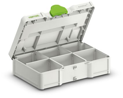 Öppen förvaringslåda med lock, uppdelad i sex fack. Lock med grön detalj och texten "Festool" synlig.