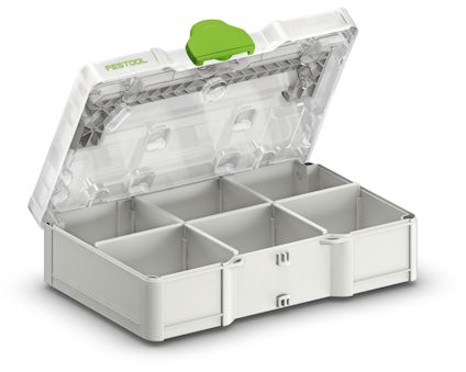 Öppen förvaringslåda i plast med sex fack och transparent lock samt grön låsklämma.