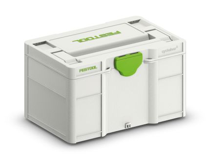 Vit förvaringslåda med grön låsklämma och texten "Festool" samt "systainer³" på ovansidan.