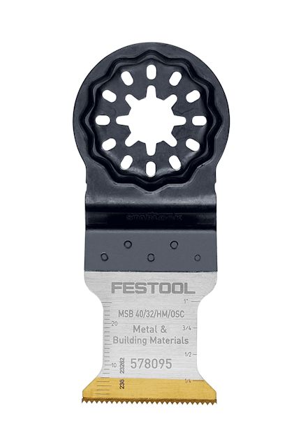 Karbidsågblad med tandad skäryta, märkt "FESTOOL MSB 40/32/HM/OSC" och "578095". Anpassat för metall och byggmaterial.