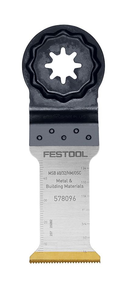 Verktygstillbehör med tandad kant och fästpunkt i stjärnformad design. Text: "FESTOOL MSB 60/32/HM/OSC Metal & Building Materials 578096".