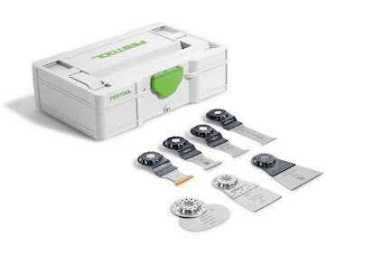 Multiverktygs sågbladsset med sju blad och en bärväska märkt "FESTOOL" med grön låsning.