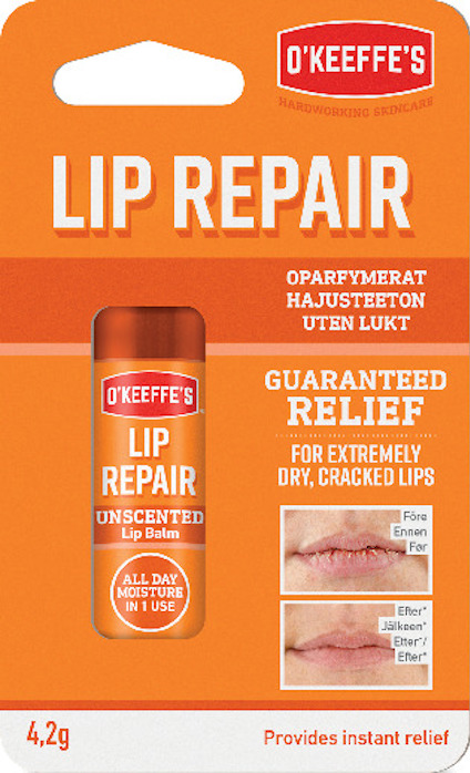 Förpackning av O'Keeffe's Lip Repair oparfymerad läppbalsam, 42g, med bild av läppexempel och text på svenska och engelska.