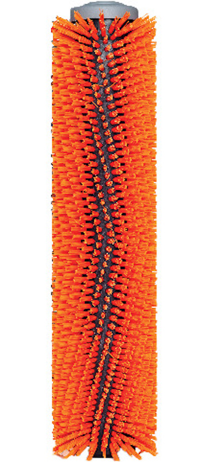 Orange skurborsthuvud med tätt sittande borst, sett rakt framifrån.