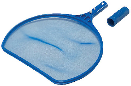 Blå lövhåv med nät och handtag, samt en avtagbar, blå koppling.