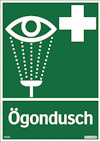 Grön skylt med en vit ögonsymbol och duschstrålar, plus ett kors. Text: "Ögondusch".