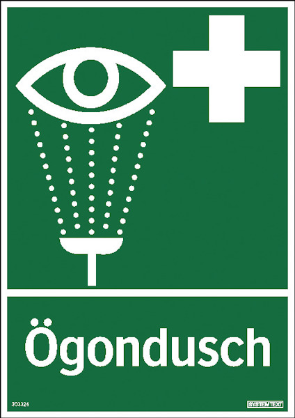 Grön skylt med en vit ögonsymbol och duschstrålar, plus ett kors. Text: "Ögondusch".