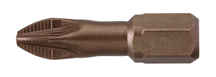 Pozidriv-bits i metall med sexkantigt fäste och korsformad spets.