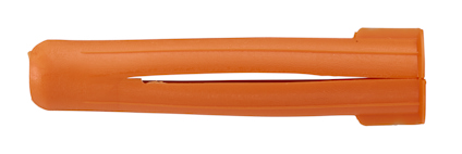 Orange plastplugg med slitsar längs sidan, mot vit bakgrund.