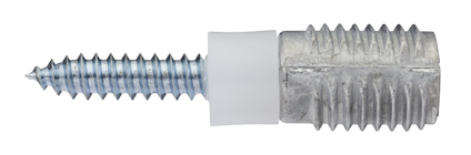 Metallskruv med silverfärgad gängad del och plastdistansring i mitten.