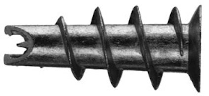 Metallisk skruvplugg med spiralformad gänga och brett huvud, svart färg mot vit bakgrund.