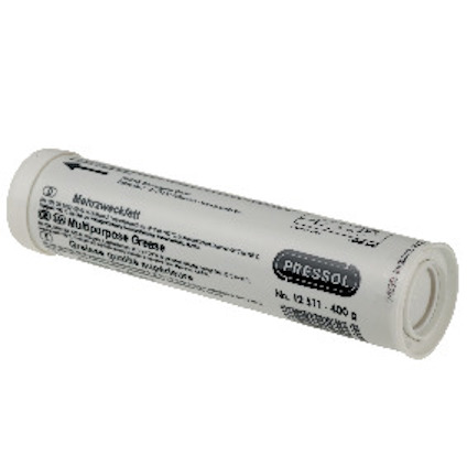 Vitt cylindriskt fodral med text på olika språk, inklusive "Mehrzweckfett" och "Multipurpose Grease", samt varumärket "Pressol".