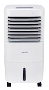 White luftkylare med justerbara louver på framsidan, fyrkantig design och fyra hjul. Märkt med "Honeywell".