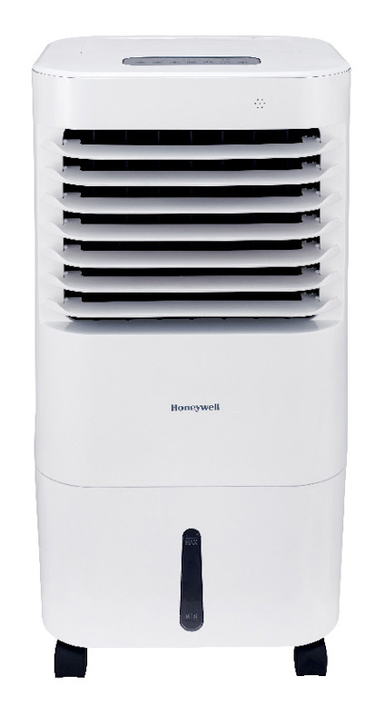 White luftkylare med justerbara louver på framsidan, fyrkantig design och fyra hjul. Märkt med "Honeywell".
