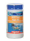 Förpackning med texten "Azuro Multi 5w1 Multi 5i1" med bild av en simmande person i pool.