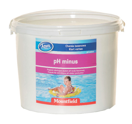 Behållare med vit plast och etikett, märkt "pH minus", med bild av barn i gul flytring i pool.