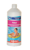 Plastflaska med etikett där det står "Azuro Flokul", bild på barn i pool och texten "Mountfield".