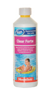 Flaska med etiketten "Azuro Clear Forte", visar ett barn i en flytring i en pool.