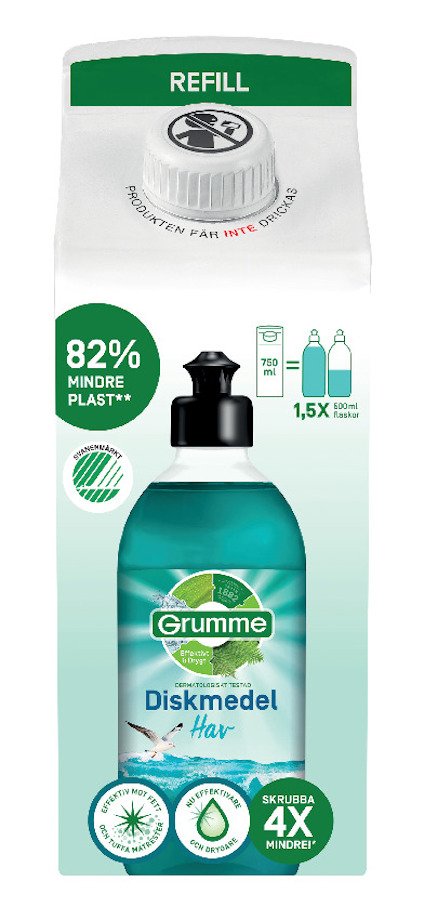 Förpackning med Grumme handdiskmedel Hav 82% mindre plast, refill 750 ml.