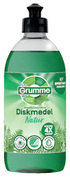 Grön flaska med etiketten "Grumme Diskmedel Natur". Text och ikoner på etiketten. Svart kork.