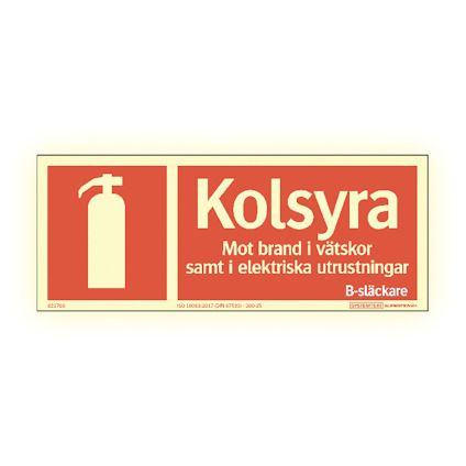 Skylt med texten "Kolsyra Mot brand i vätskor samt i elektriska utrustningar B-släckare". Bild av brandsläckare.