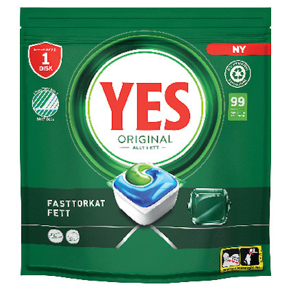 Grön förpackning med texten "YES Original Allt i Ett". Visar en disktablett och symboler för hållbarhet.