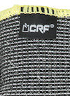Svart och vit randigt tyg med gul kant och en svart etikett med texten "CRF" och symbol.