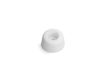 Vit, konformad plastbuffert med hål i mitten, placerad mot vit bakgrund.