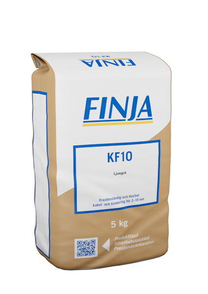 Förpackning av fogmassa med varumärket Finja, modell KF10 Ljusgrå, 5 kg.