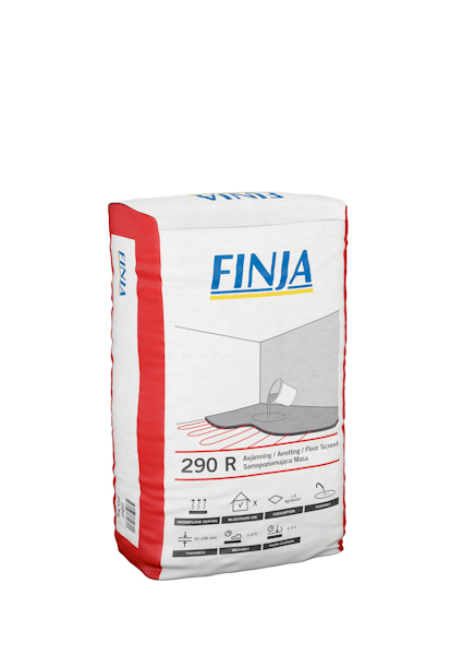 Vit säck med röd och blå text "FINJA". Illustration av avjämningsmassa på golv.