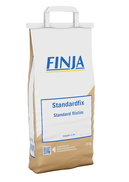 Förpackning med texten "Standardfix Standard fästmassa" och "FINJA" i blått och vitt.
