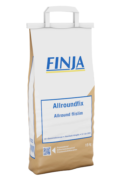 Förpackning av Allroundfix Finja 15 kg, beige och blått med bärhandtag.